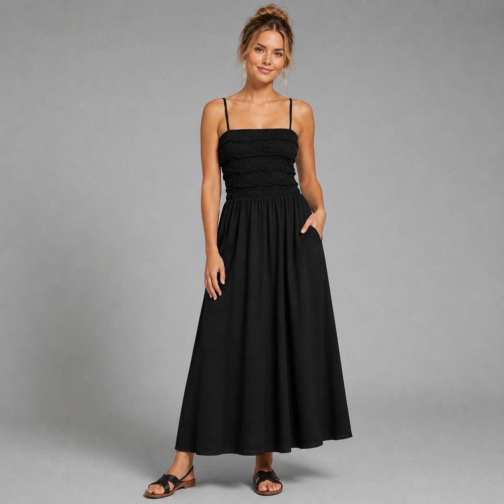 J.Crew Maxi Dress Womens Size XS Smocked Black Cotton Voile Organic Cotton NWT